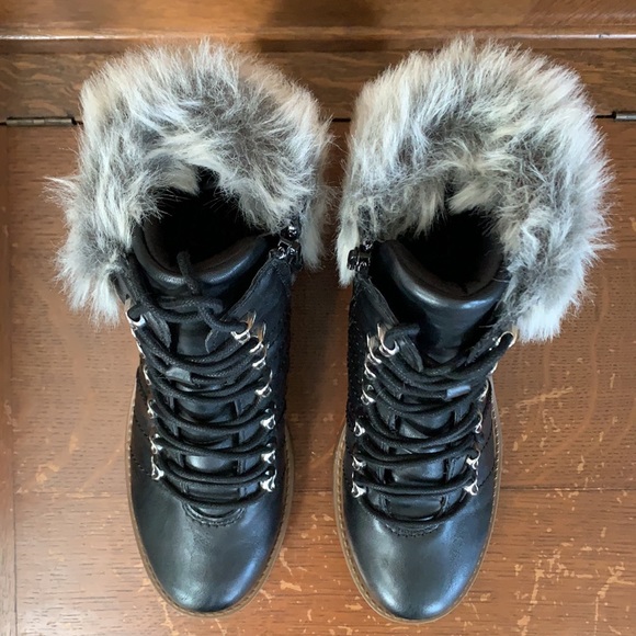 NEW Kari Blue Black Moto Boots With Heel and Faux Fur Trim - Picture 11 of 14